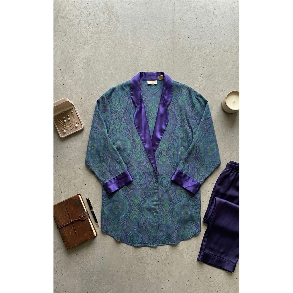 Vintage Victorias Secret Gold Label Paisley Robe L Teal‎ Purple Satin Trim